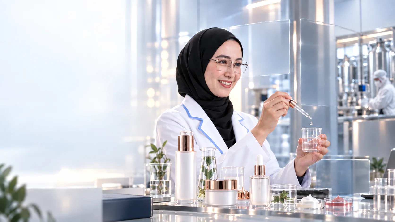Scientist Lunaray meneteskan formula di laboratorium dengan produk kosmetik Lunaray