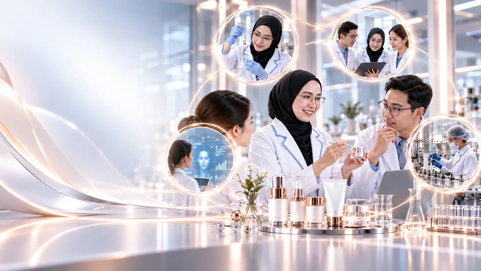 Tim scientist, formulator, dan researcher Lunaray berdiskusi dikelilingi AI, expertise, dan manufacturing