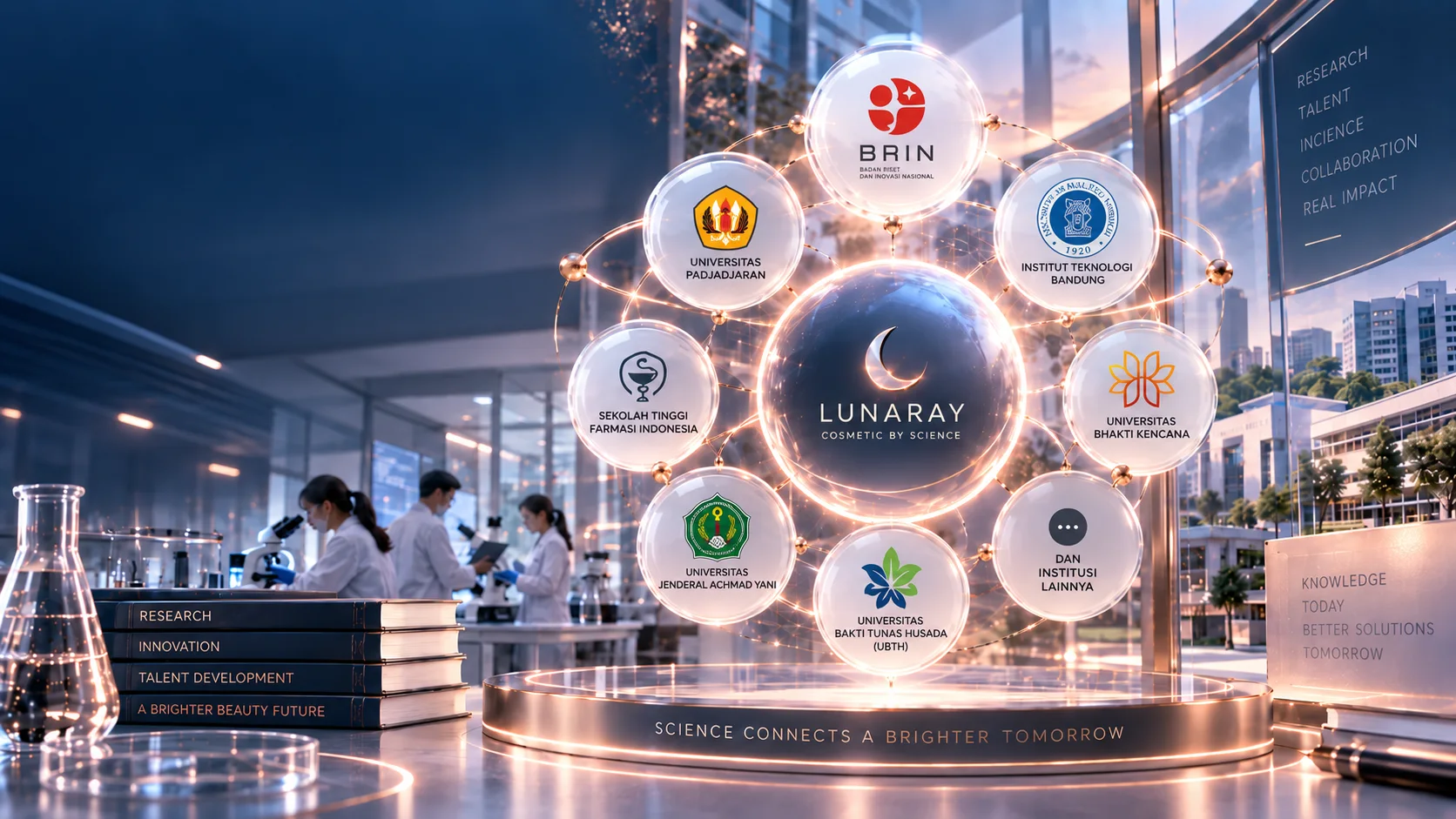 Jaringan kolaborasi Lunaray dengan BRIN, Universitas Padjadjaran, Institut Teknologi Bandung, Sekolah Tinggi Farmasi Indonesia, Universitas Bhakti Kencana, Universitas Jenderal Achmad Yani, Universitas Bakti Tunas Husada, dan institusi lainnya