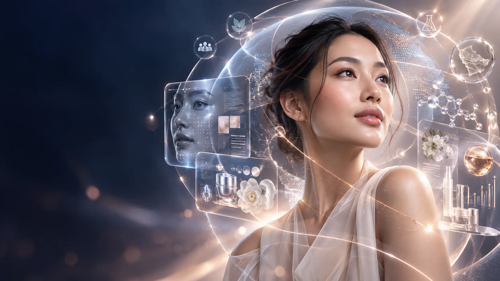 Perempuan Indonesia dikelilingi panel holografik skin mapping, formulasi, dan data produk — Lunaray AI & Beauty Intelligence