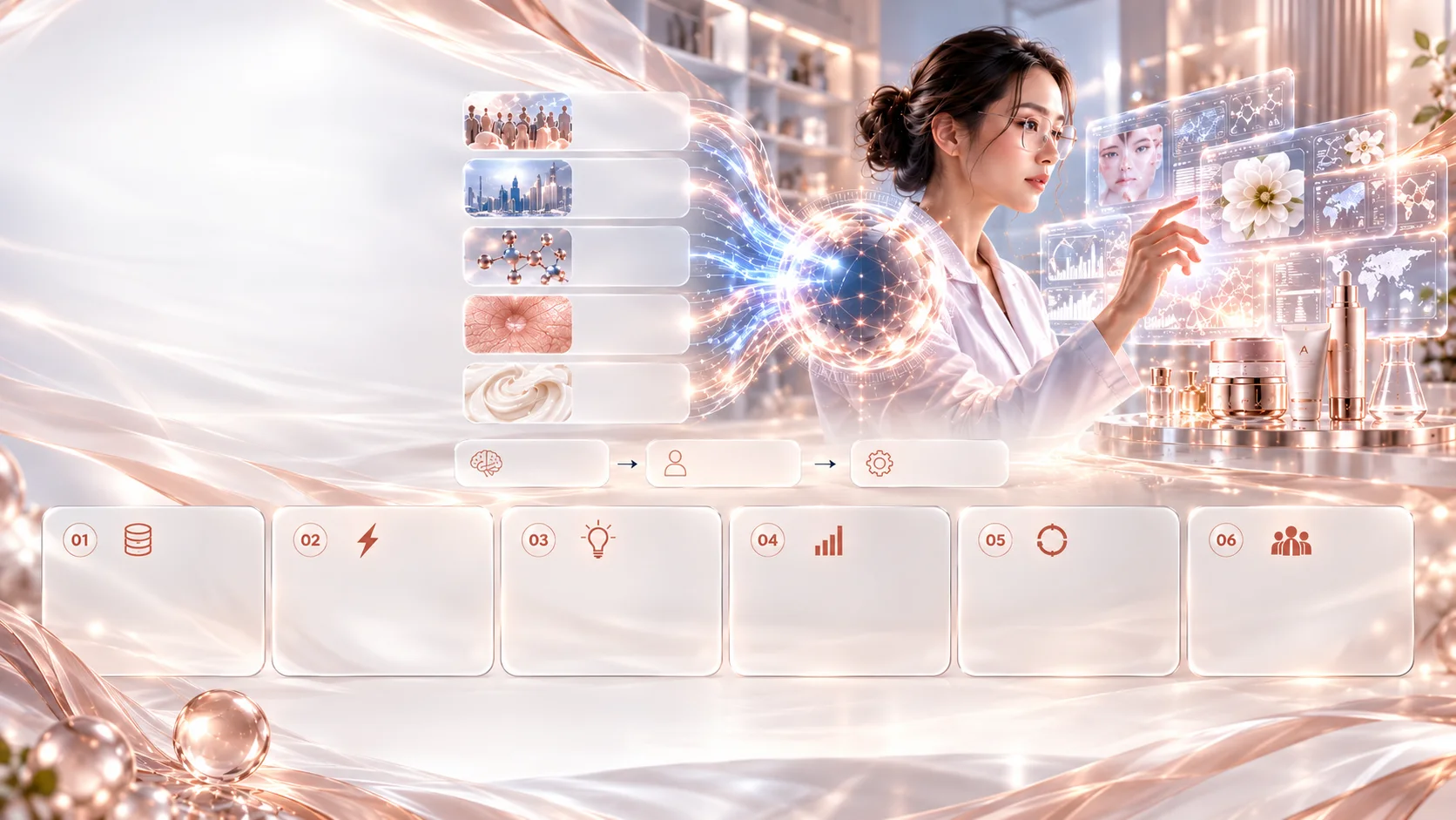 Informasi consumer, market, scientific, skin, dan product masuk ke AI intelligence layer lalu diinterpretasi oleh expert Lunaray