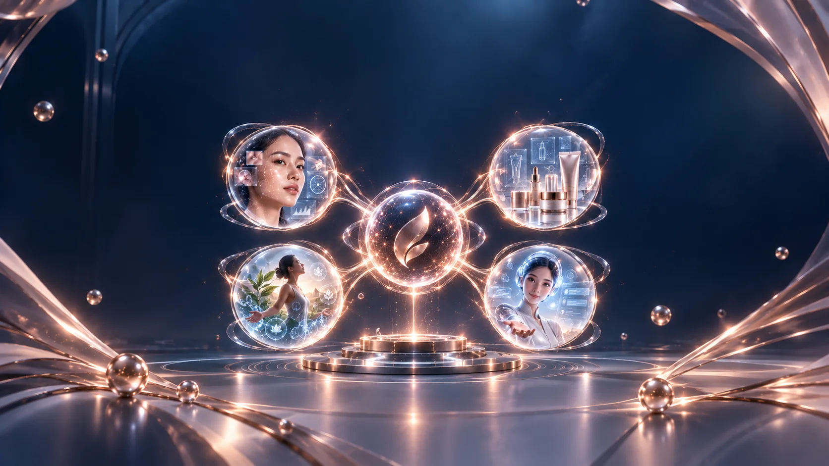 Intelligence core bercahaya dengan empat pathway: skin, product, wellness, dan AILUNA