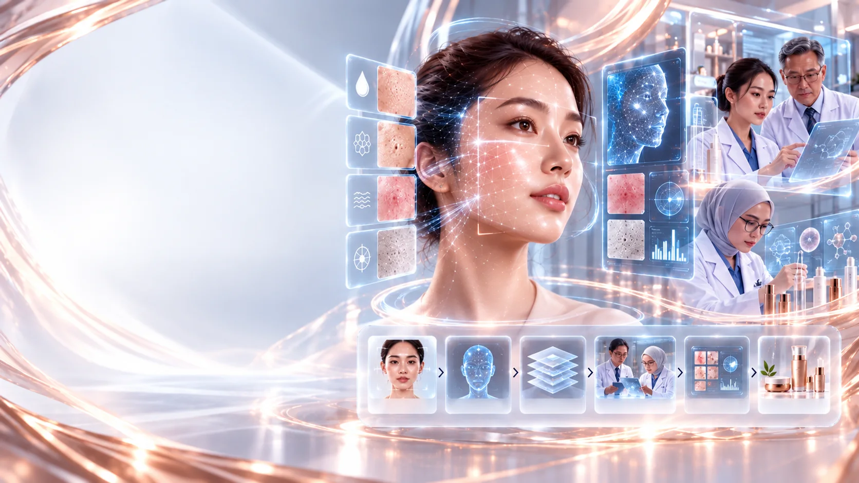 AI Skin Analyzer: facial mapping pada wajah, sampel kondisi kulit, dan pakar kosmetik serta dermatolog meninjau hasil analisis