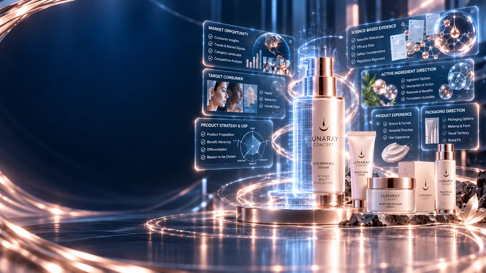 Konsep produk Lunaray: market opportunity, target consumer, product strategy, scientific evidence, active ingredient, product experience, dan packaging direction di sekitar mockup produk