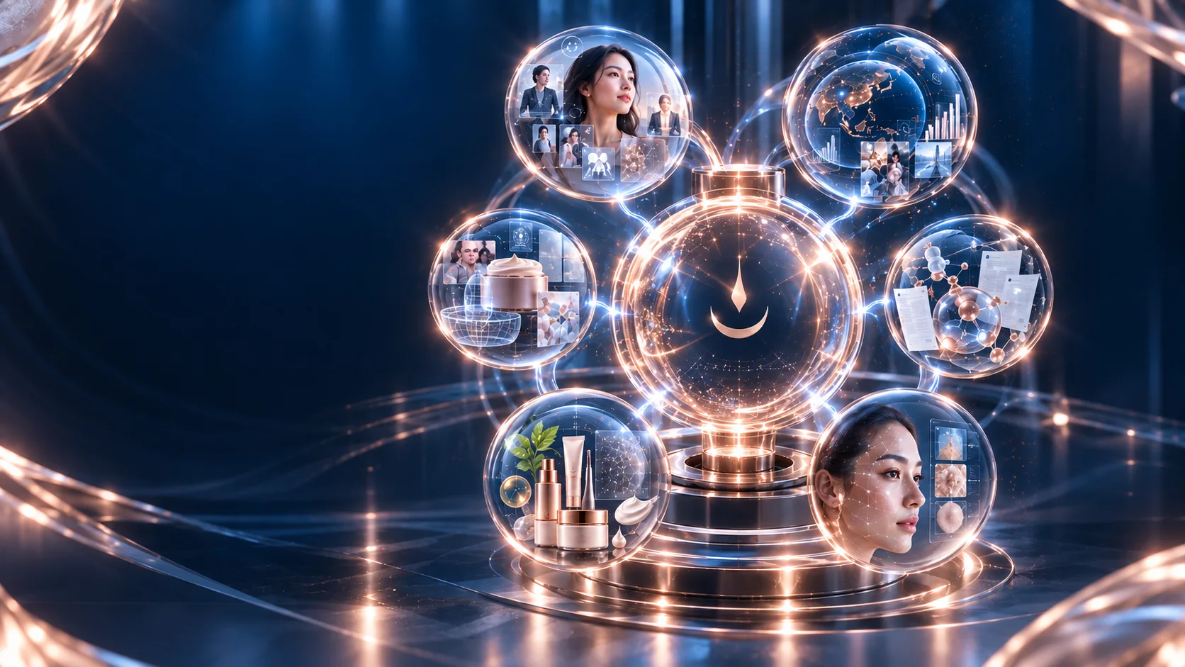 Lunaray Intelligence Core dikelilingi enam intelligence layer: consumer, market, scientific, skin, product, dan visualization