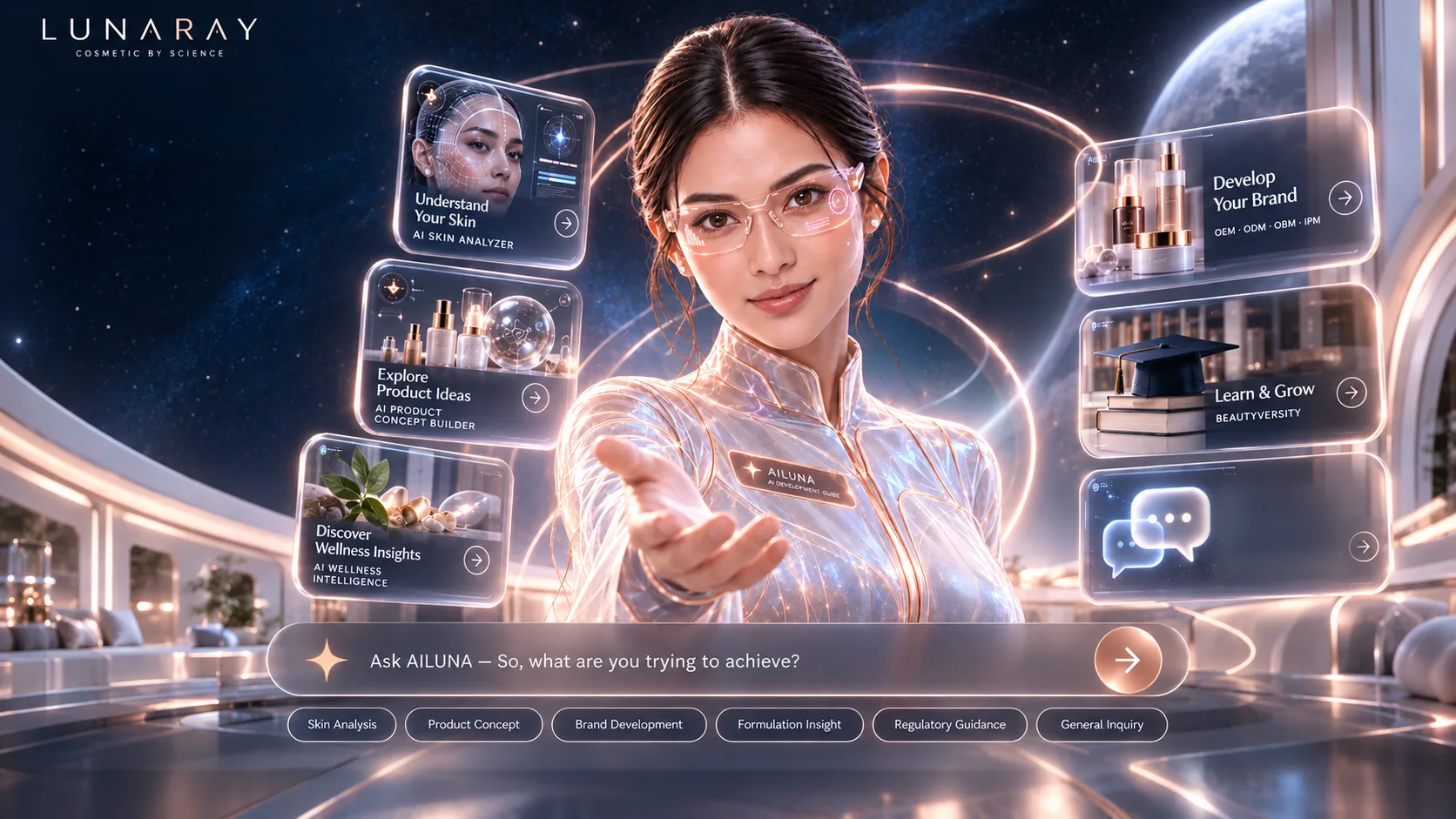 AILUNA, AI development guide Lunaray, dengan kartu pilihan: understand your skin, explore product ideas, discover wellness insights, develop your brand, learn & grow, dan ask AILUNA