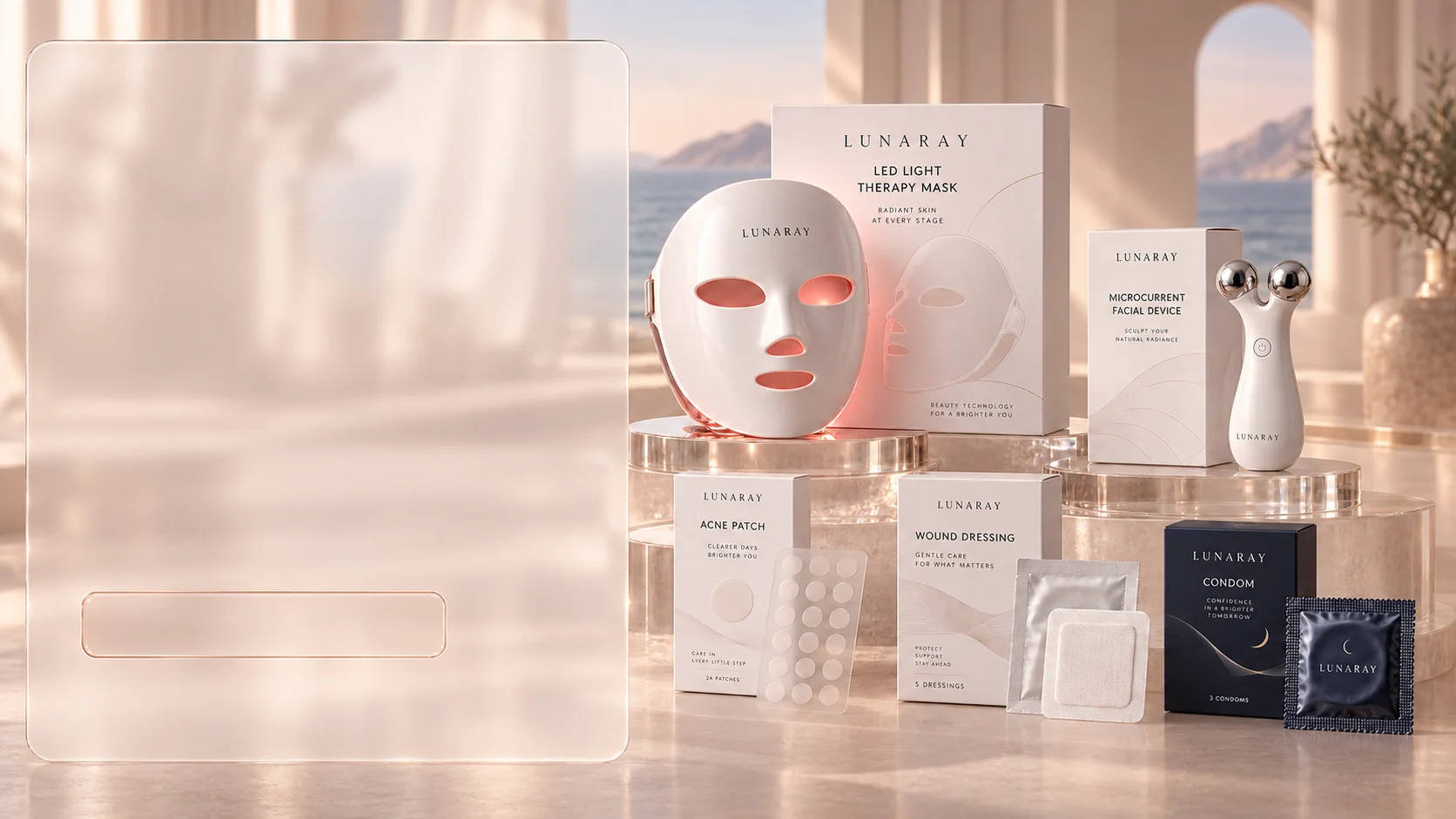 Konsep produk Lunaray Medical Devices & Beauty Technology: LED light therapy mask, microcurrent facial device, acne patch, wound dressing, dan condom
