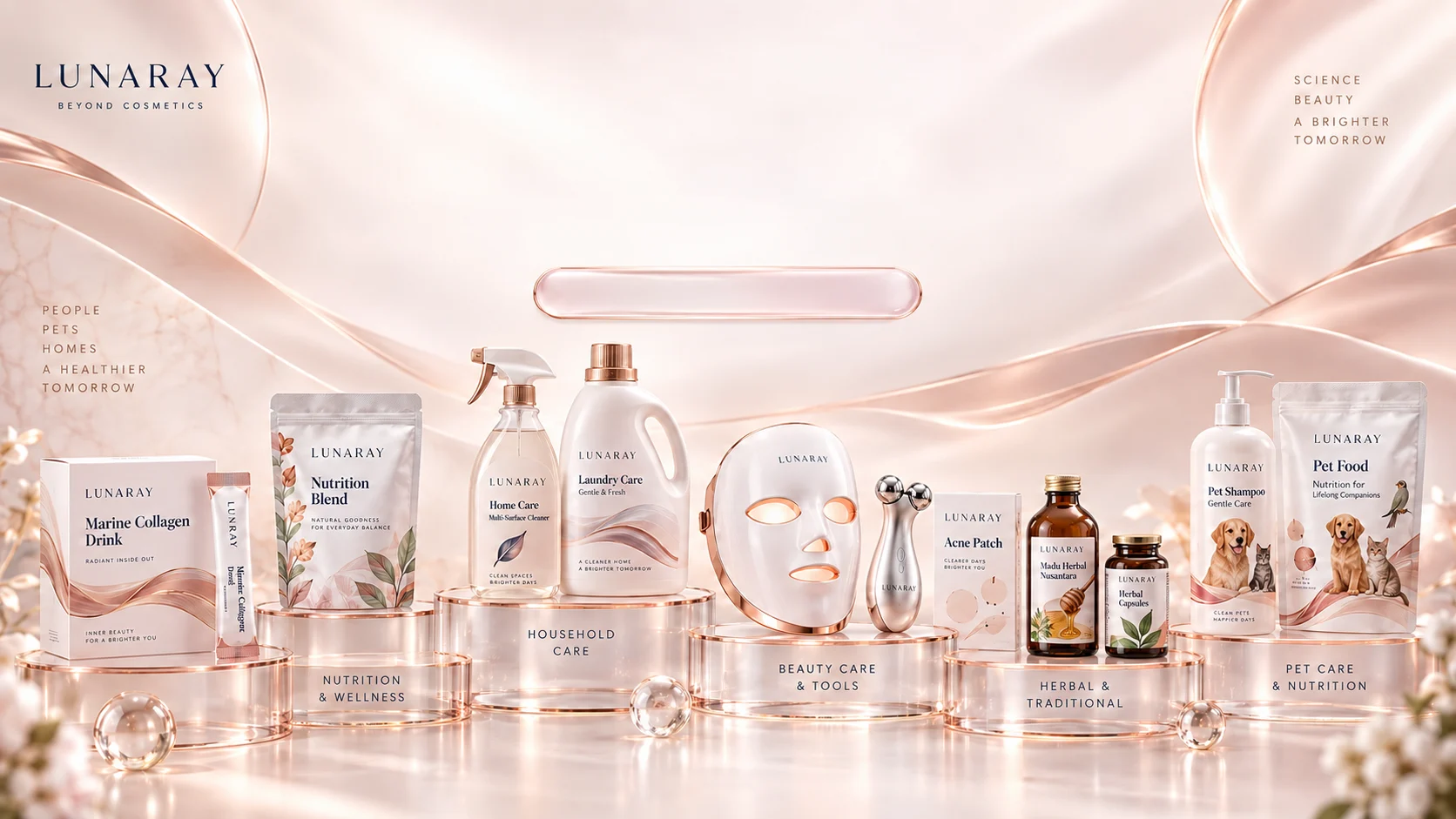 Ekosistem produk Lunaray: marine collagen drink, nutrition blend, home care, laundry care, LED light therapy mask, microcurrent device, acne patch, herbal honey, herbal capsules, pet shampoo, dan pet food