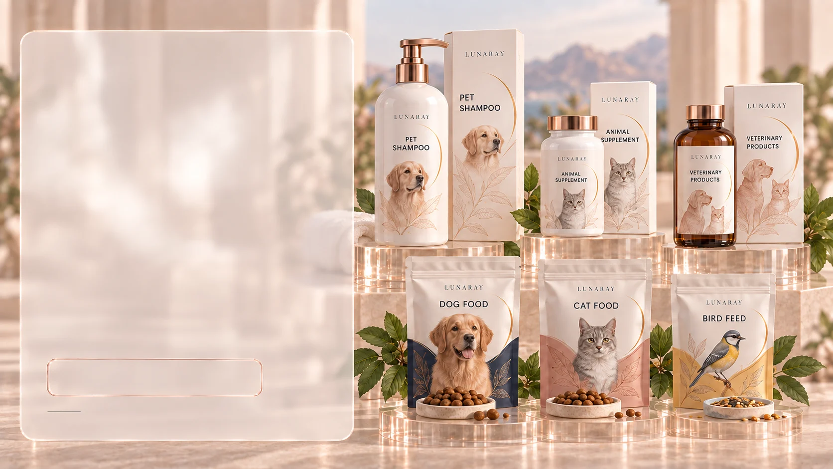 Konsep produk Lunaray Pet Care & Animal Health: pet shampoo, animal supplement, veterinary products, dog food, cat food, dan bird feed