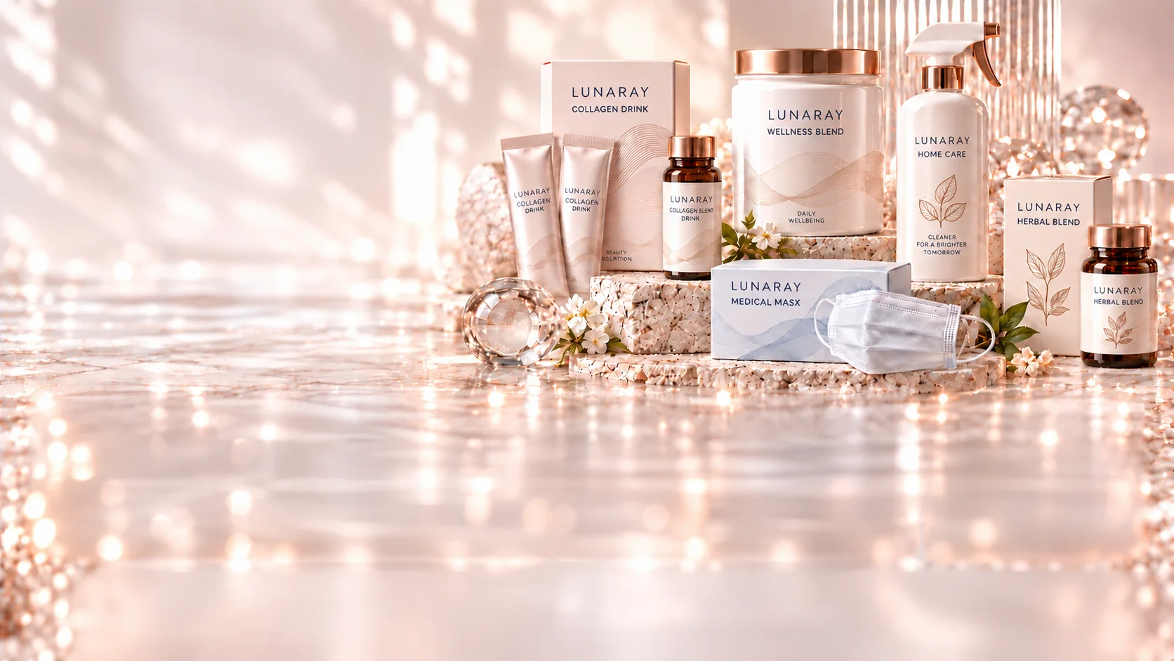 Rangkaian konsep produk ekosistem Lunaray: collagen drink, wellness blend, home care, medical mask, dan herbal blend