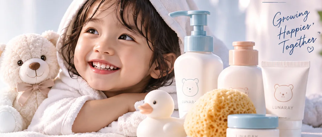 Anak tersenyum bersama boneka beruang dan produk baby care