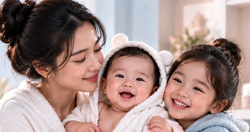 Ibu bersama bayi dan anak dengan handuk lembut setelah mandi