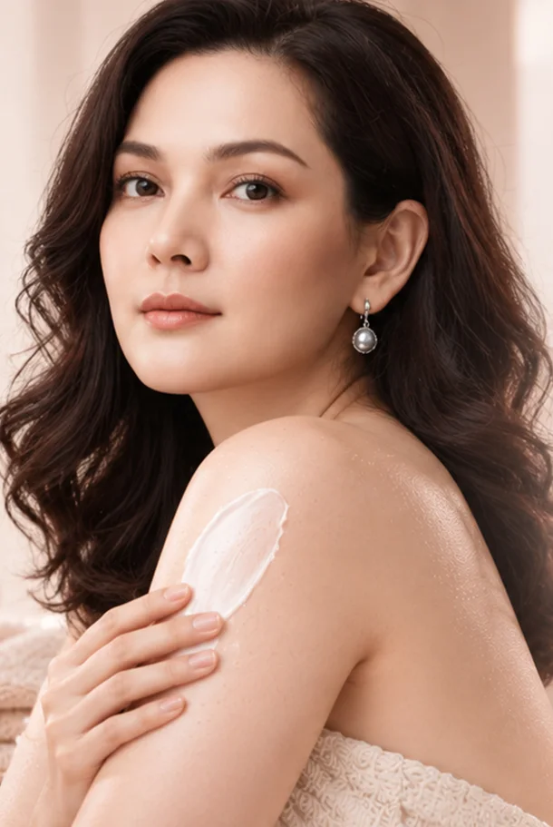 Model mengaplikasikan body lotion pada bahu