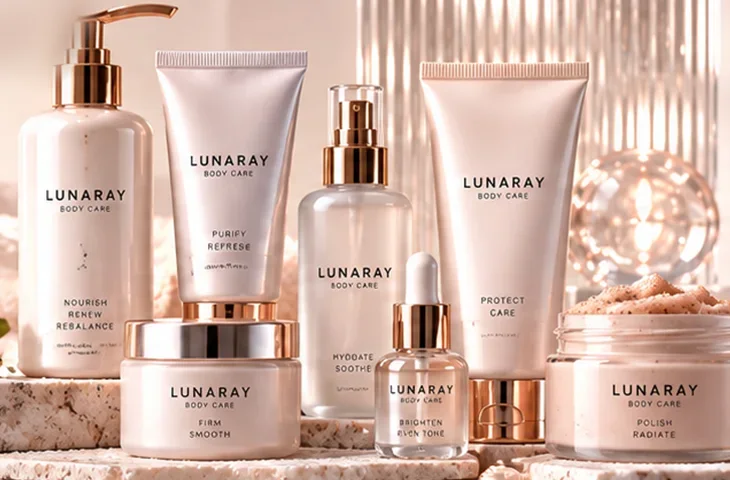 Rangkaian produk body care Lunaray: body wash, lotion, serum, dan body scrub