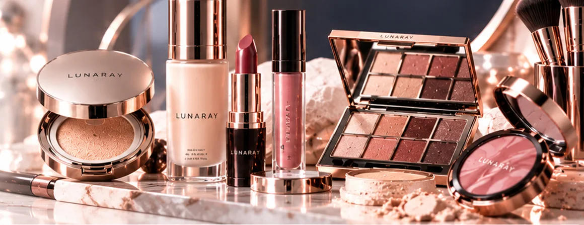 Rangkaian produk makeup Lunaray: cushion, foundation, lipstick, lip gloss, eyeshadow palette, dan blush