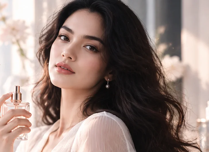 Model memegang botol parfum di ruangan bernuansa floral