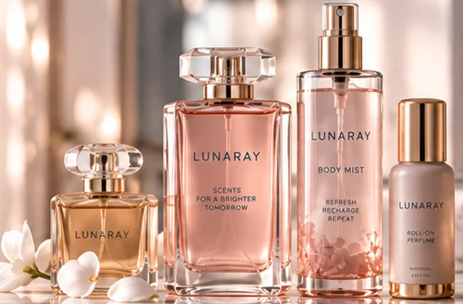 Rangkaian produk fragrance Lunaray: eau de parfum, body mist, dan roll-on perfume