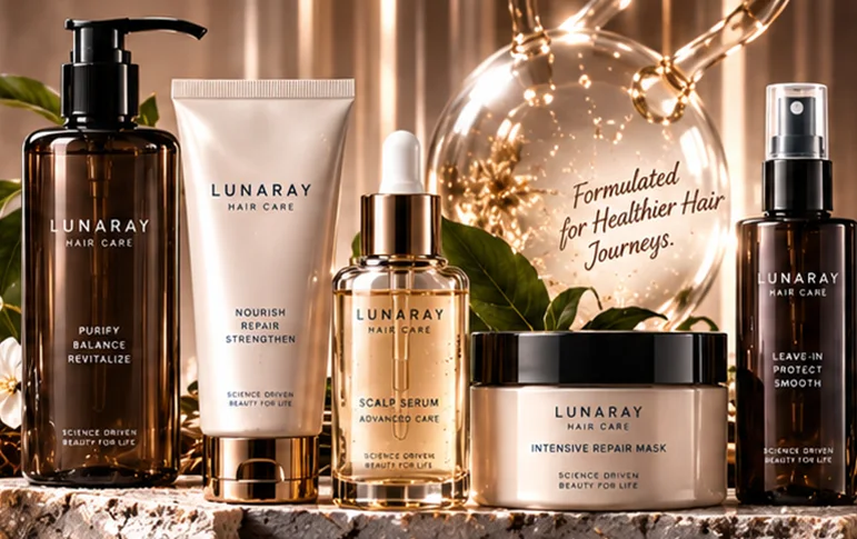Rangkaian produk hair care Lunaray: shampoo, conditioner, scalp serum, dan hair mask