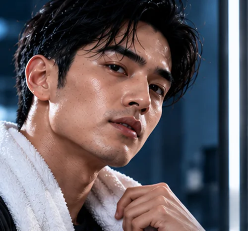 Model pria dengan handuk setelah rutinitas grooming
