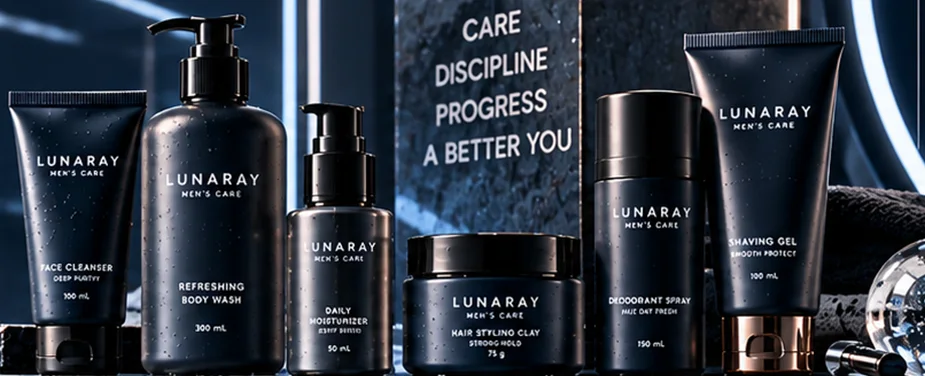 Rangkaian produk men’s care Lunaray: face cleanser, body wash, moisturizer, dan hair clay