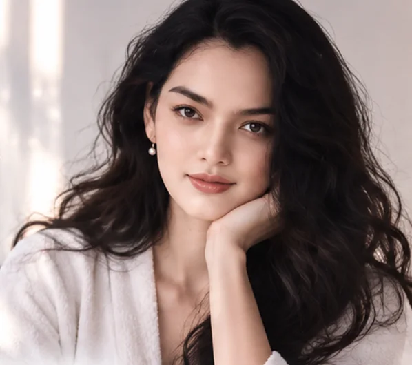 Model dengan bathrobe putih dalam rutinitas personal care pagi hari