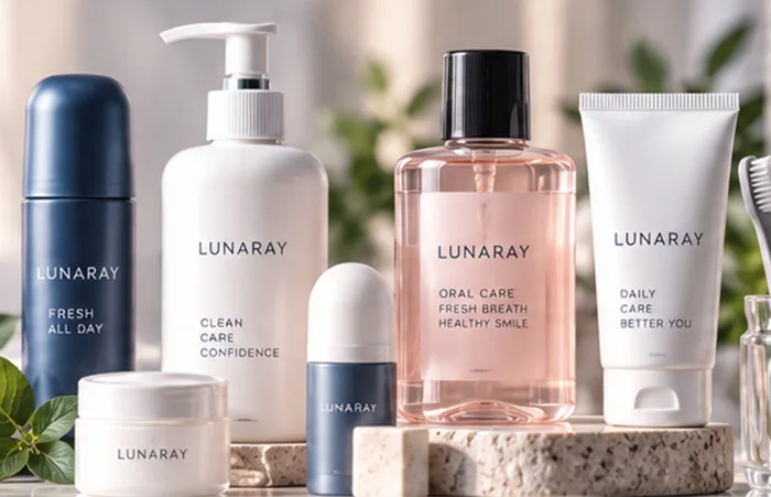 Rangkaian produk personal care Lunaray: deodorant, oral care, dan daily care