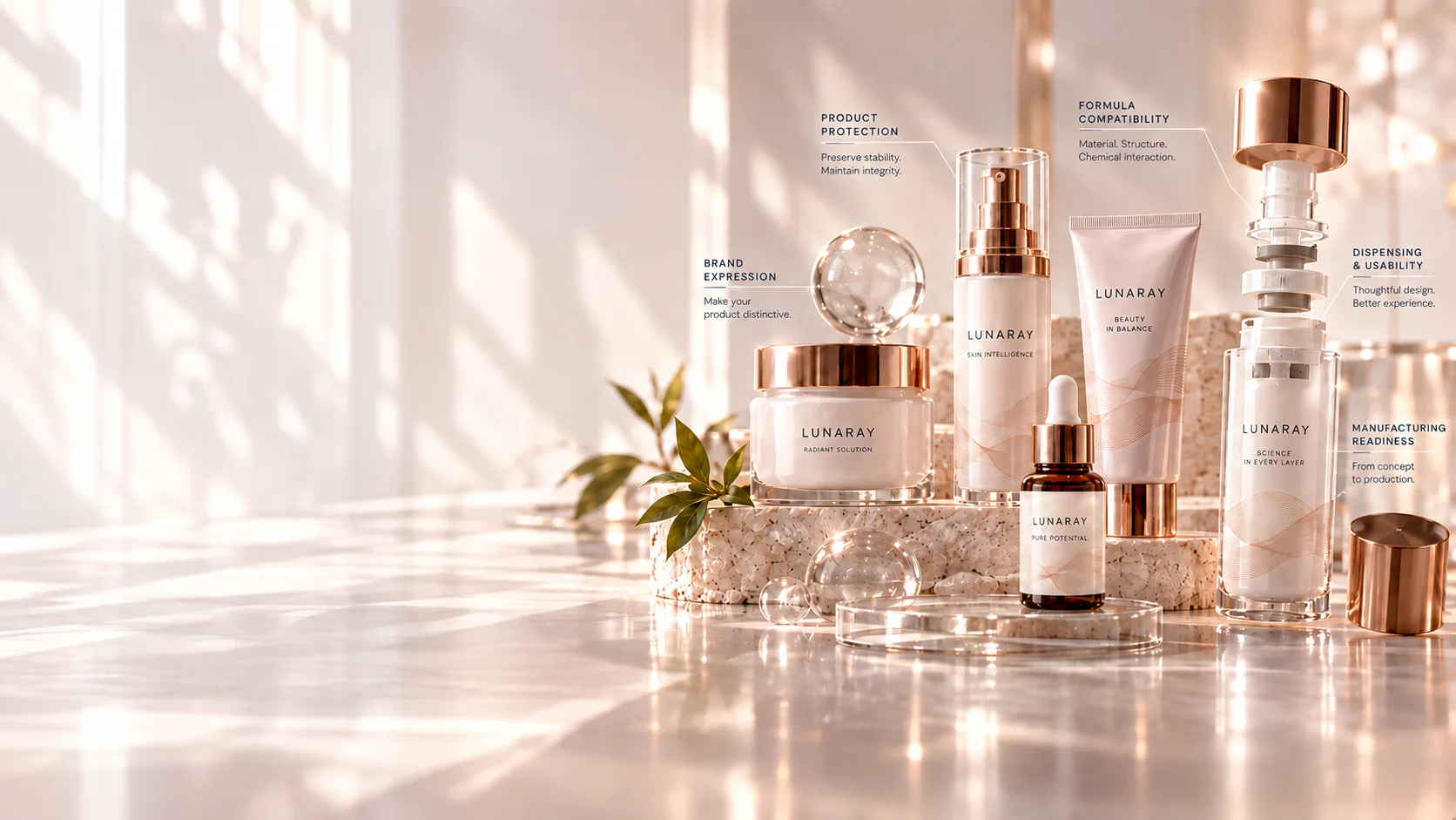 Rangkaian konsep packaging Lunaray dengan anotasi product protection, formula compatibility, brand expression, dispensing & usability, dan manufacturing readiness
