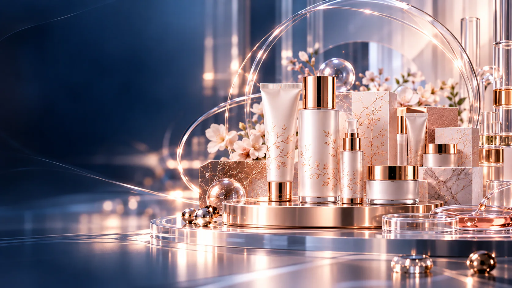Rangkaian packaging Lunaray dengan motif botanical rose-gold di atas podium