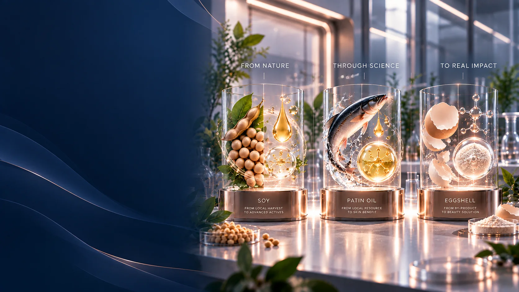 Tiga material lokal: soy, patin oil, dan eggshell dalam display kaca — from nature, through science, to real impact