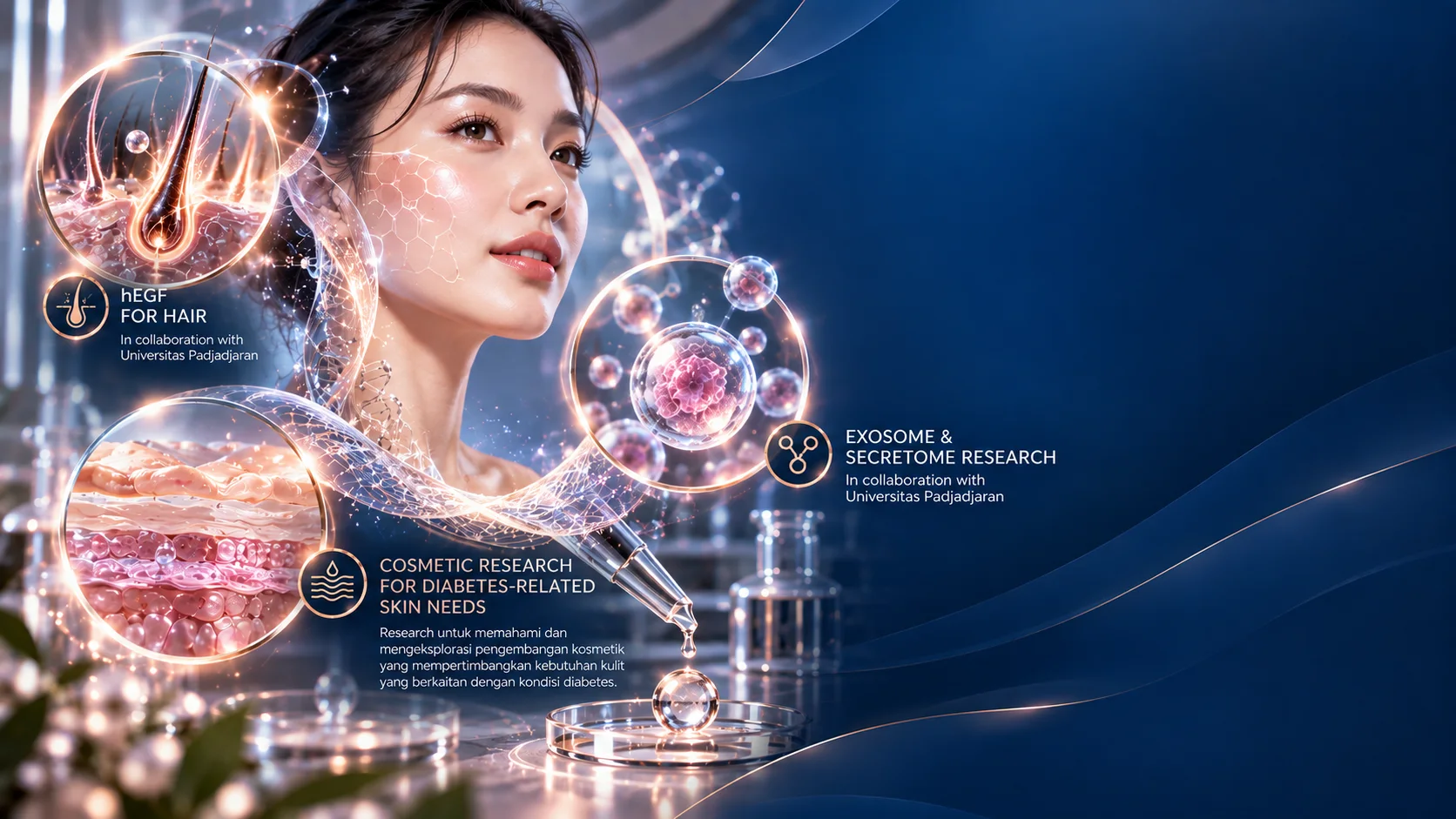 Research hEGF for hair, exosome & secretome, dan cosmetic research untuk kebutuhan kulit terkait diabetes