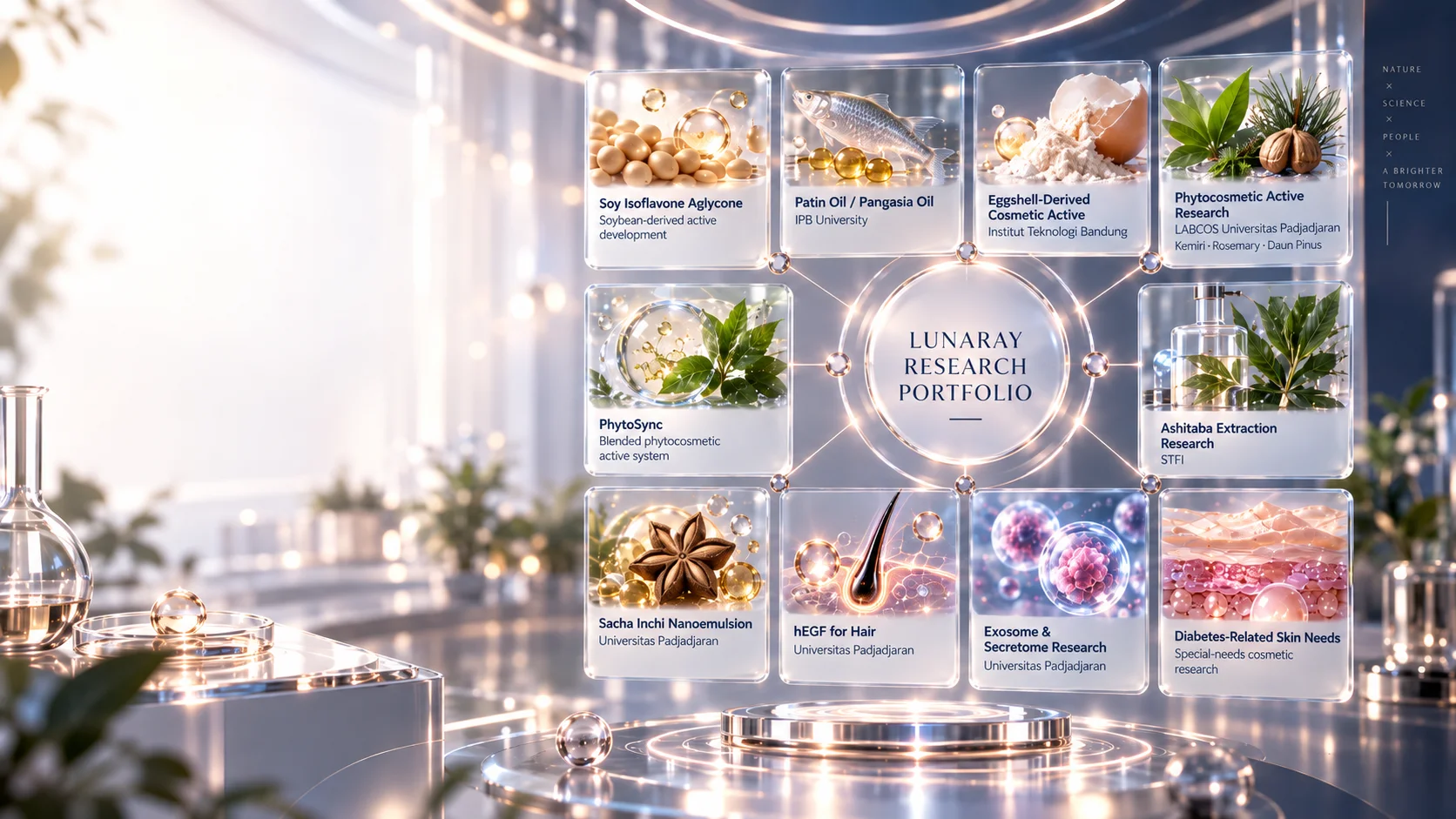 Lunaray Research Portfolio: soy isoflavone aglycone, patin oil, eggshell-derived active, phytocosmetic active, PhytoSync, ashitaba, sacha inchi nanoemulsion, hEGF for hair, exosome & secretome, diabetes-related skin needs