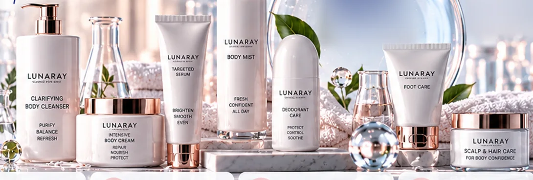 Rangkaian produk specialized body care Lunaray: clarifying body cleanser, intensive body cream, targeted serum, deodorant, dan foot care