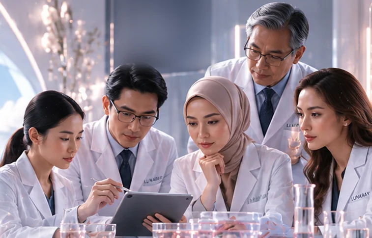 Tim peneliti, dokter, dan formulator Lunaray berdiskusi di laboratorium