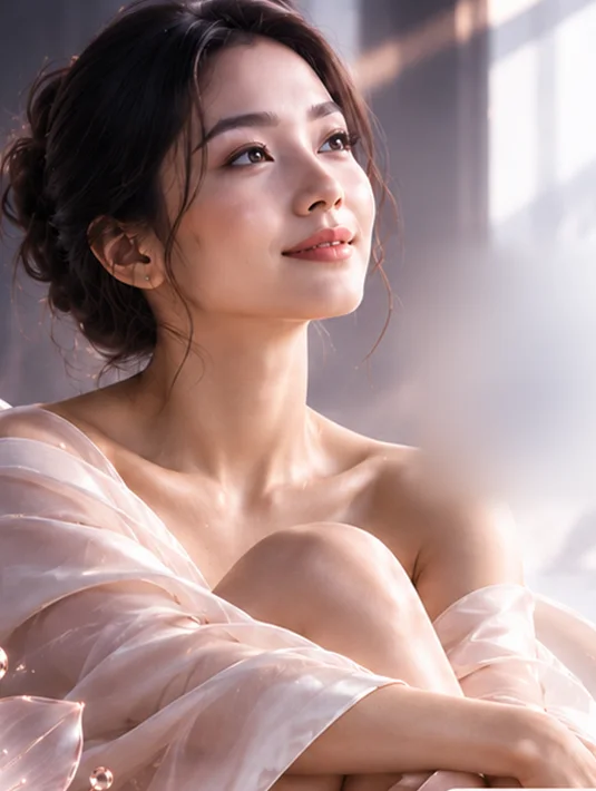 Wanita tersenyum tenang dengan kain satin lembut