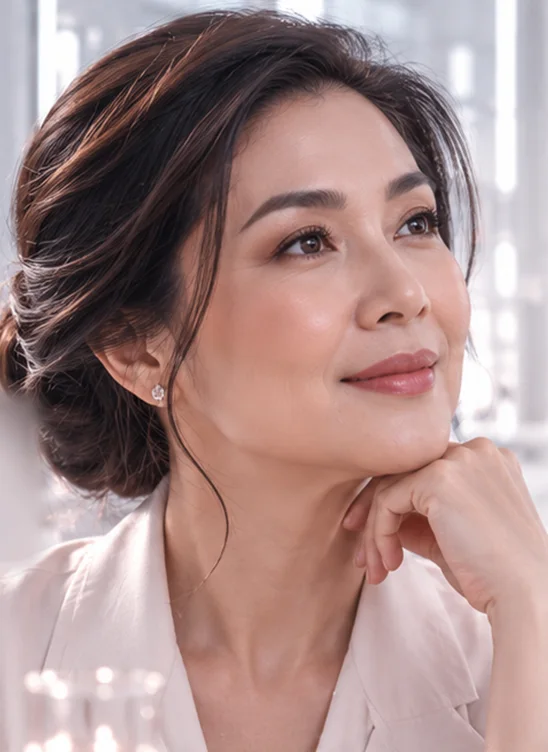 Wanita paruh baya tersenyum dengan kulit yang sehat dan terawat
