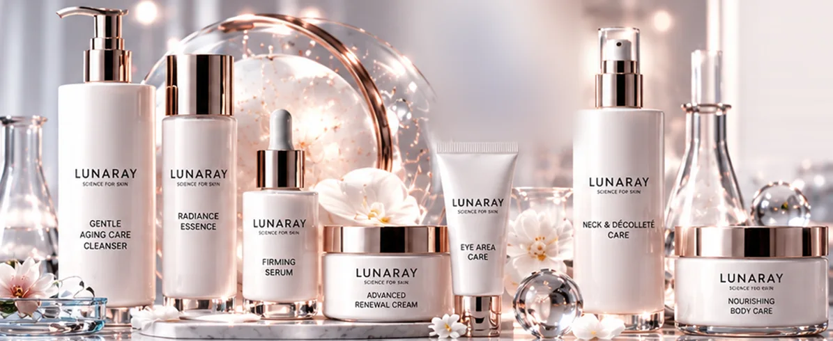 Rangkaian produk mature skin care Lunaray: cleanser, radiance essence, firming serum, renewal cream, eye care, dan neck care