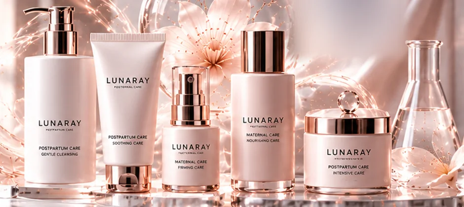 Rangkaian produk postpartum care Lunaray: gentle cleansing, soothing care, firming, dan intensive care
