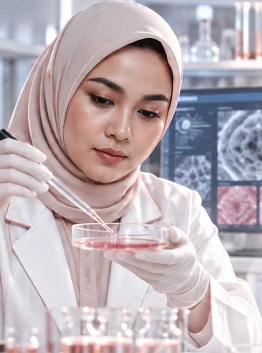 Peneliti berhijab meneteskan sampel ke cawan petri di laboratorium