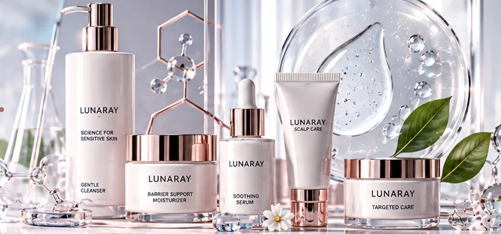 Rangkaian produk sensitive care Lunaray: gentle cleanser, barrier support moisturizer, soothing serum, dan scalp care